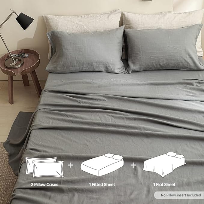 Simple&Opulence 100% Linen Sheet Set Solid Color-4 Pcs Washed French Linen Bed Sheets(1 Flat Sheet,1 Fitted Sheet,2 Pillowcases)-Breathable Bedding Set (Grey, King) - LeafyLoom