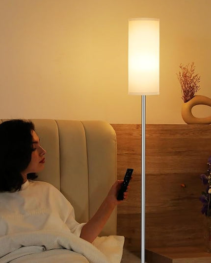Ambimall Floor Lamps for Living Room, Modern Silver Floor Lamp with Remote Control and Stepless Dimmable Colors Temperature & Brightness (9W Bulb Included, Grey Lampshade) - LeafyLoom