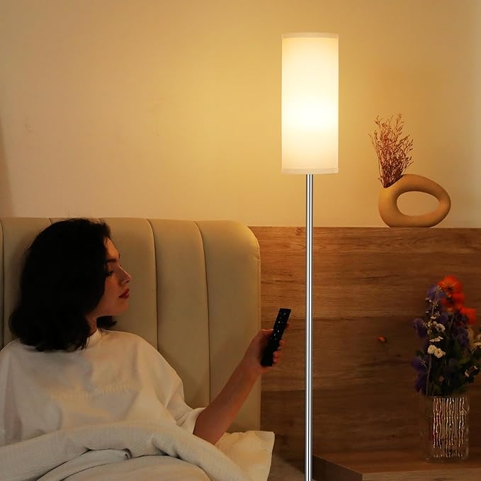 Ambimall Floor Lamps for Living Room, Modern Silver Floor Lamp with Remote Control and Stepless Dimmable Colors Temperature & Brightness (9W Bulb Included, Grey Lampshade) - LeafyLoom