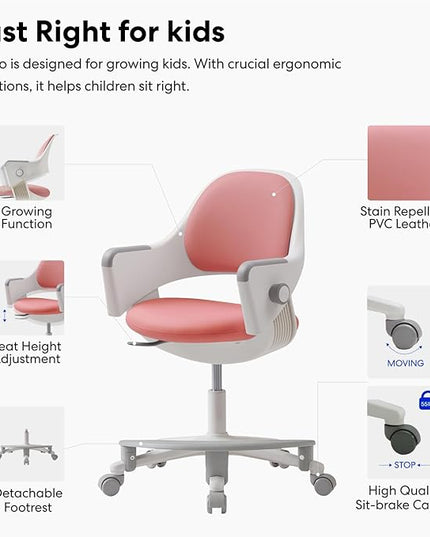 SIDIZ ringo Kids Desk Chair : Ergonomic Kids Chair with Footrest, 4-Step Growing Function, Adjustable Seat Height, Sit-Locking Casters, Swivel Type Kids Chair (Rosy Pink Chair) - LeafyLoom
