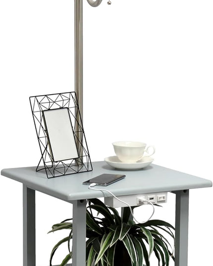Simple Designs LF2016-GRY 57" Modern 2 Tier End Table Floor Lamp Combination with 2 x USB Charging Ports & Power Outlet with White Drum Fabric Shade for Bedroom, Living Room, Office, Gray - LeafyLoom