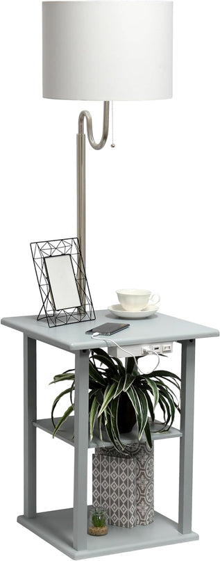 Simple Designs LF2016-GRY 57" Modern 2 Tier End Table Floor Lamp Combination with 2 x USB Charging Ports & Power Outlet with White Drum Fabric Shade for Bedroom, Living Room, Office, Gray - LeafyLoom