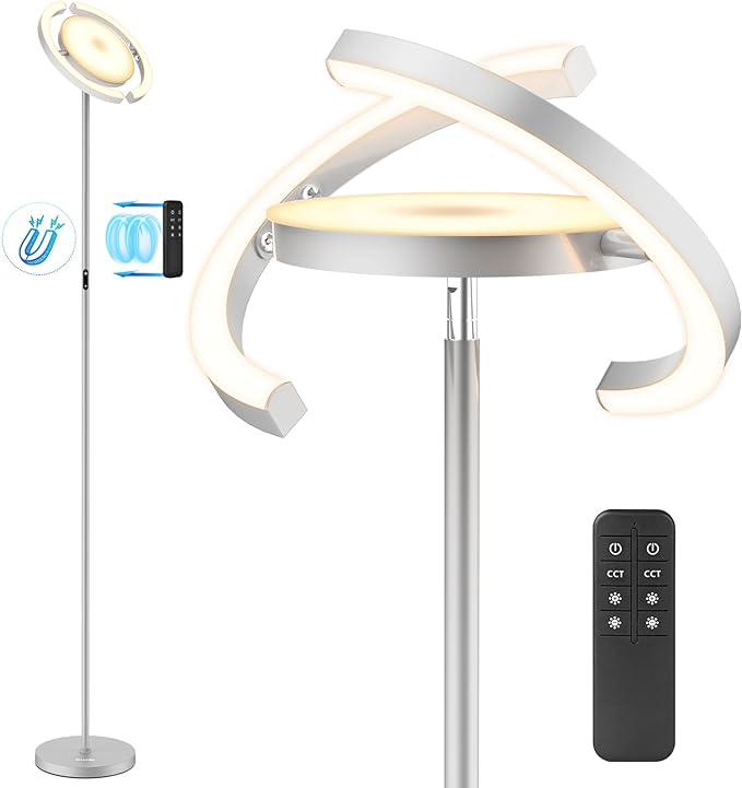 FIMEI Modern LED Floor Lamp Saturn Ring Original Design, Stepless Dimming and 3 Color Temperature, Rotatable and Independent Control of Round Light and Ring Light for Living Room Bedroom Office, Gray - LeafyLoom