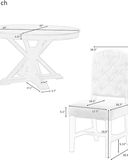 Small Dining Table Set for 4-6, Modern Round Extendable Table and Upholstered Chairs, X-Shaped Cross Base, Button Tufting Backrest, Retro Style Home Furniture for Small Spaces, Living Room - LeafyLoom
