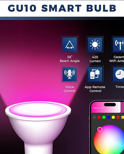 GU10 Smart Light Bulbs 50W Equivalent, 38°Beam Angle, Smart Bulb Compatible with Alexa/Google Assistant/Smart Life, 5W 420LM, RGBCW Spotlight Track Light, 2.4GHz WiFi, ETL Listed, 4PCS Lightinginside