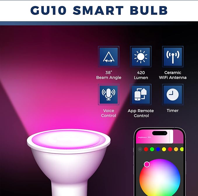 GU10 Smart Light Bulbs 50W Equivalent, 38°Beam Angle, Smart Bulb Compatible with Alexa/Google Assistant/Smart Life, 5W 420LM, RGBCW Spotlight Track Light, 2.4GHz WiFi, ETL Listed, 4PCS Lightinginside