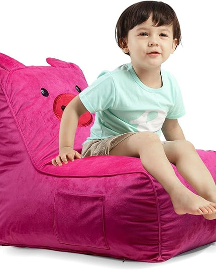 Bean Bag Chair for Kids, Cute Pig L-Shape Animal Bean Bag Sofa with Top Handles and Side Pockets, Cute Soft and Comfy Bean Bag Chair with Filler Included, Ages 1+ Children's Day Gifts - LeafyLoom