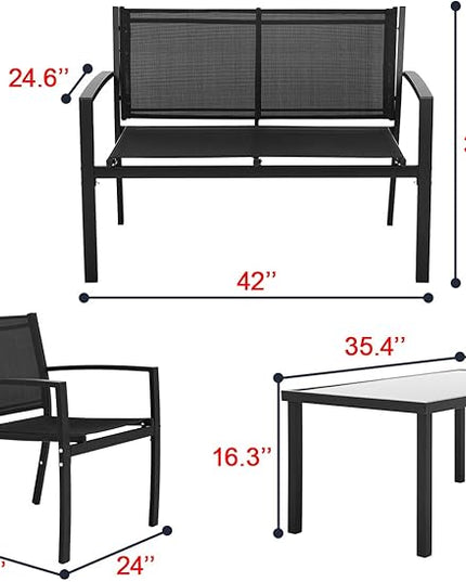 FDW 4 Piece Patio Conversation Sets with Metal Patio Furniture Tempered Glass Tabletop Waterproof Textilene for Outside Backyard Lawn Balcony - LeafyLoom