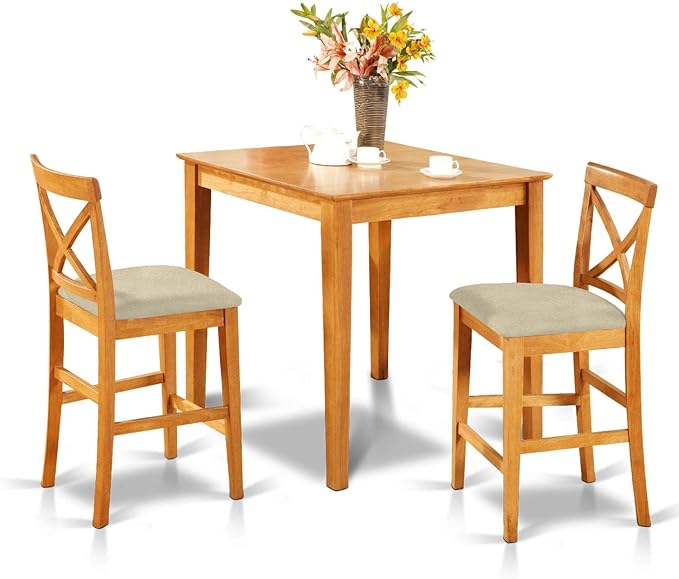East West Furniture PUBS3-OAK-C 3 Piece Kitchen Counter Set for Small Spaces Contains a Square Table and 2 Linen Fabric Dining Room Chairs, 36x36 Inch - LeafyLoom