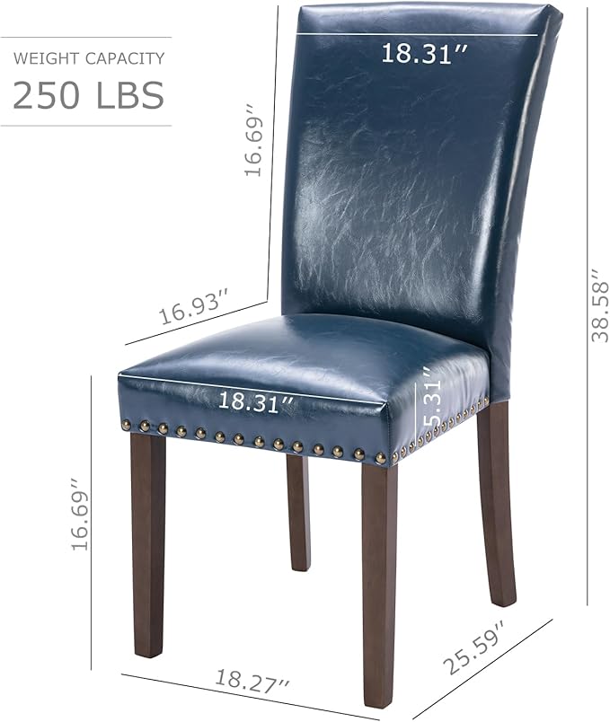COLAMY Upholstered Parsons Dining Chairs Set of 2, PU Leather Dining Room Kitchen Side Chair with Nailhead Trim and Wood Legs - Blue - LeafyLoom