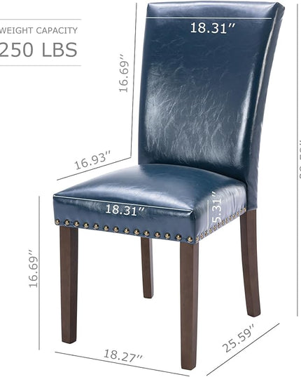 COLAMY Upholstered Parsons Dining Chairs Set of 4, PU Leather Dining Room Kitchen Side Chair with Nailhead Trim and Wood Legs - Blue - LeafyLoom