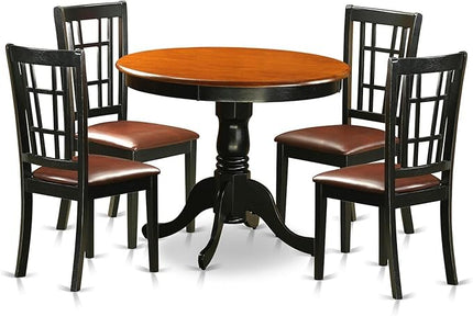 East West Furniture ANNI5-BLK-LC 5 Piece Dinette Set for 4 Includes a Round Table with Pedestal and 4 Faux Leather Kitchen Dining Chairs, 36x36 Inch, Black & Cherry - LeafyLoom