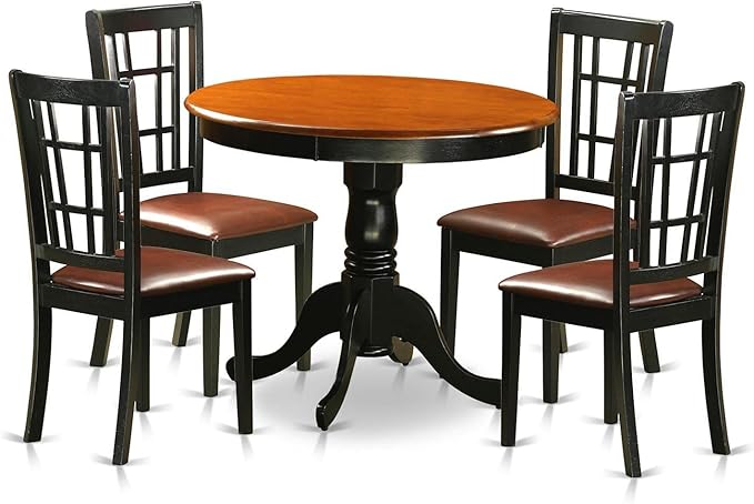 East West Furniture ANNI5-BLK-LC 5 Piece Dinette Set for 4 Includes a Round Table with Pedestal and 4 Faux Leather Kitchen Dining Chairs, 36x36 Inch, Black & Cherry - LeafyLoom