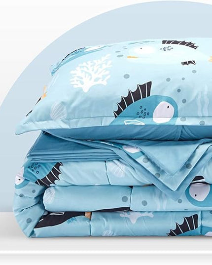 SLEEP ZONE Kids Bedding Comforter Set Full/Queen Size - Super Cute & Soft Kids Bedding 7 Pieces Set with Comforter, Sheet, Pillowcase & Sham (Little Fish) - LeafyLoom