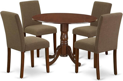 East West Furniture DLAB5-MAH-18 5 Piece Kitchen Table & Chairs Set Includes a Round Dining Room Table with Dropleaf and 4 Coffee Linen Fabric Parson Dining Chairs, 42x42 Inch, Mahogany - LeafyLoom