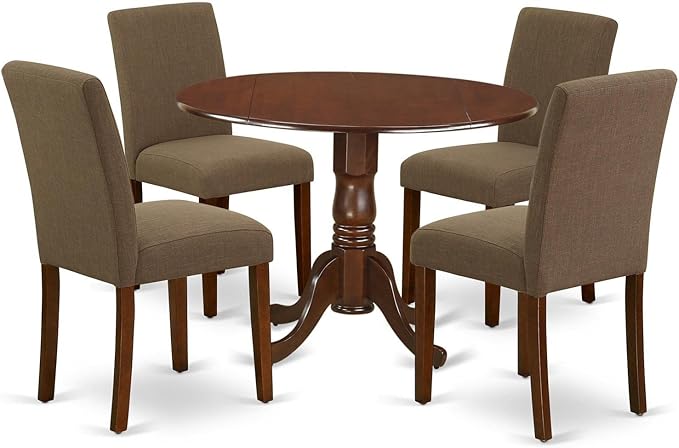 East West Furniture DLAB5-MAH-18 5 Piece Kitchen Table & Chairs Set Includes a Round Dining Room Table with Dropleaf and 4 Coffee Linen Fabric Parson Dining Chairs, 42x42 Inch, Mahogany - LeafyLoom