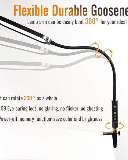 Clamp on Lamp, LED Desk Lamp, 18W, 3000 LMS, 3 Color Modes, 16 Brightness Levels, CRI>95, 0.5H/1H Timer, Eye-Caring Task Lamp with Remote for Reading, Home, Office (Adapter Included) - LeafyLoom