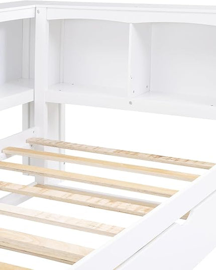 SuperStroke Jintop Twin Size Daybed with 5 Storage Cabinets and Trundle,Wood Sofa Bed Frame W/ 2 Standard Plug Outlets & Two USB Ports,No Box Spring Required,for Living Room Bedroom Apartment,White - LeafyLoom