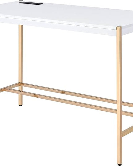 Acme Midriaks Wooden Top Writing Desk with USB Port in White and Gold - LeafyLoom
