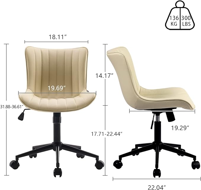YOUNIKE Office Chair Swivel Desk Chair Upholstered Leather Height Adjustable with Wheels Computer Task Chair Modern Rolling Armless with Back, Beige, Loads 300 lbs - LeafyLoom