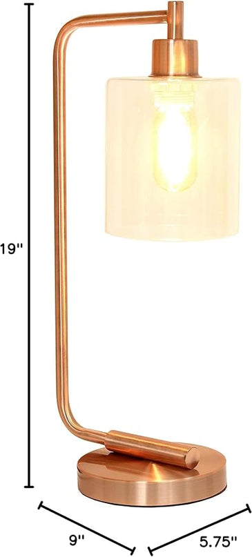Simple Designs LD1036-RGD Bronson Antique Style Industrial Iron Lantern Desk Bedside Glass Shade Table Lamp, Rose Gold - LeafyLoom