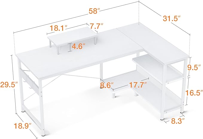 ODK 58 Inch L Shaped Computer Desk with Reversible Storage Shelves, L-shaped Corner Desk with Monitor Stand for Small Space, Modern Simple Writing Study Table for Home Office Workstation, White - LeafyLoom
