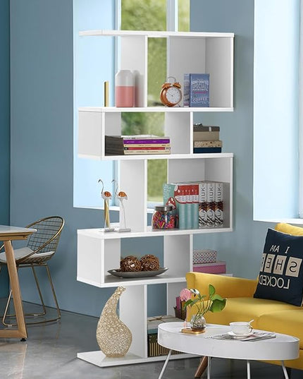 Giantex 5-Tier Geometric Bookshelf White Set of 2, 70'' Tall Wood Freestanding Decorative Display Open Shelves with Anti-Tipping Device, Each Shelf Holds up to 44 lbs, Wooden S Shaped Bookcase - LeafyLoom