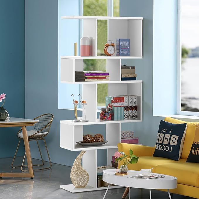 Giantex 5-Tier Geometric Bookshelf White Set of 2, 70'' Tall Wood Freestanding Decorative Display Open Shelves with Anti-Tipping Device, Each Shelf Holds up to 44 lbs, Wooden S Shaped Bookcase - LeafyLoom