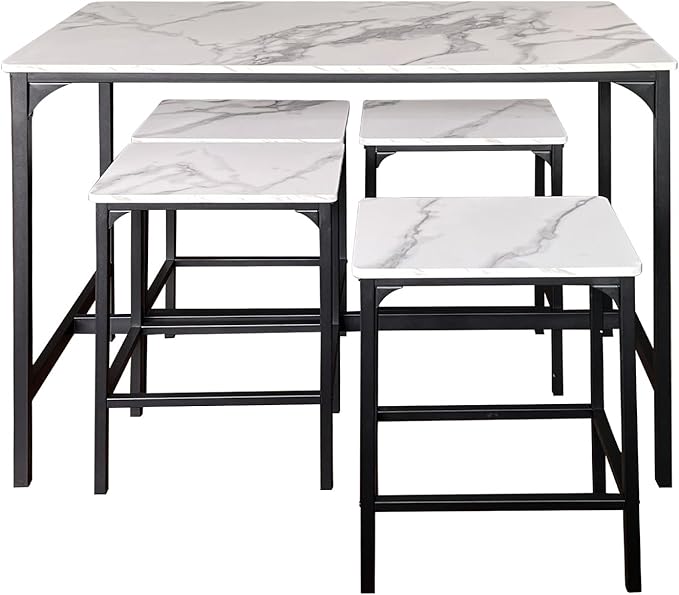 AT-VALY 5-Piece Bar Table Set with 4 Stools,Dining Room Table Set,Small Spaces (Black & White) - LeafyLoom