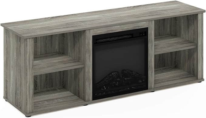 Furinno Classic 60 Inch TV Stand with Fireplace, French Oak Grey - LeafyLoom