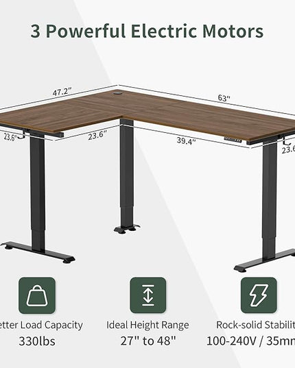 FEZIBO Triple Motor L-Shaped Electric Standing Desk, 63 Inches Height Adjustable Stand up Corner Desk, Sit Stand Workstation with Splice Board, Black Frame/Black Walnut Top - LeafyLoom