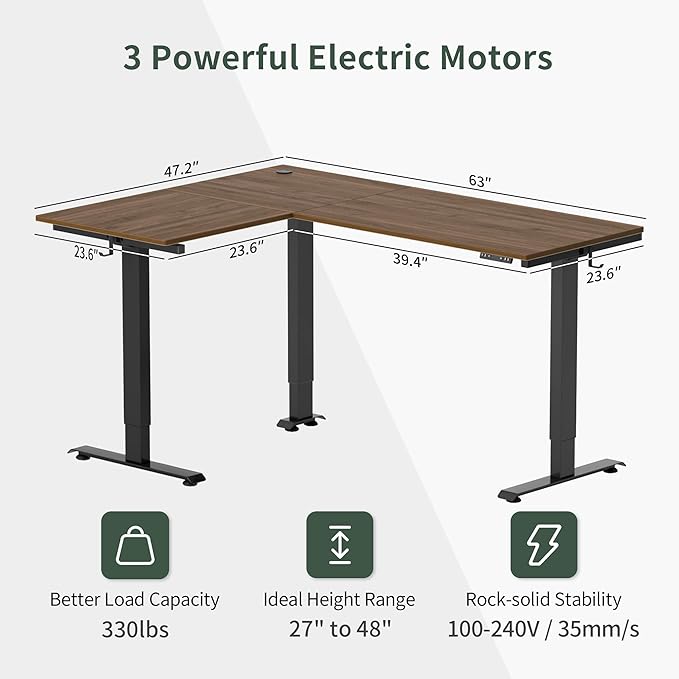 FEZIBO Triple Motor L-Shaped Electric Standing Desk, 63 Inches Height Adjustable Stand up Corner Desk, Sit Stand Workstation with Splice Board, Black Frame/Black Walnut Top - LeafyLoom