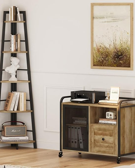 BON AUGURE Filing Cabinet for Home Office, Lateral File Cabinet with Drawer for Letter/ A4 Size, Mobile Printer Stand with Open Storage (Vintage Oak) - LeafyLoom