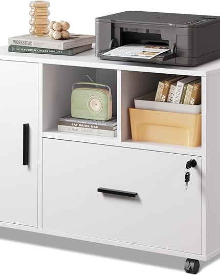 DEVAISE Office File Cabinet with Lock, 1-Drawer Wood Lateral Filing Cabinet on Wheels, Printer Stand with Open Storage Shelves for Home Office, White - LeafyLoom