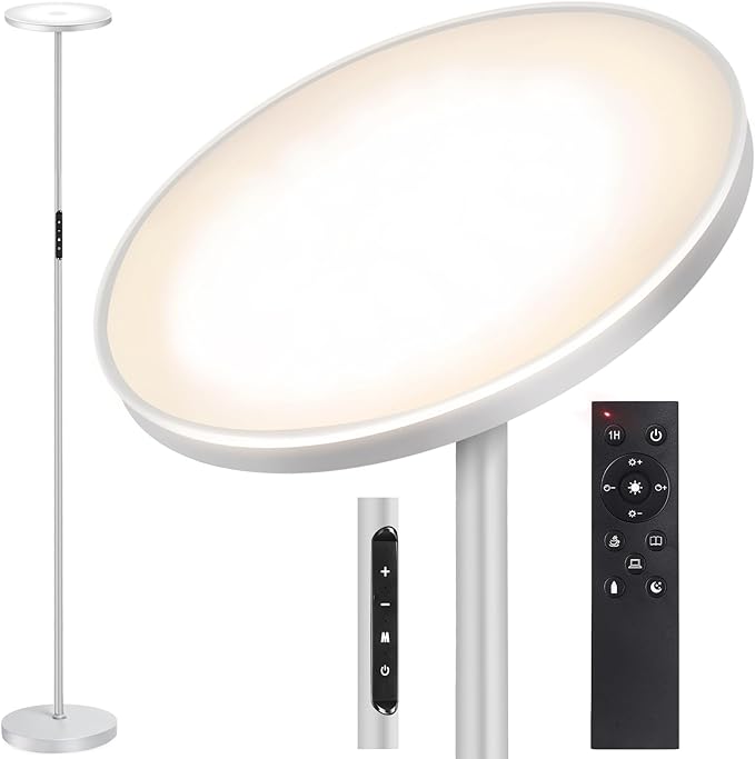 OUTON Floor Lamp, 30W/3000LM LED Modern Torchiere Sky Lamp, Super Bright Dimmable Standing Tall Lamp with 4 Color Temperatures, Remote Touch Control, Timer for Living Room Bedroom Office, Silver Grey - LeafyLoom