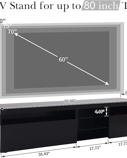 Merax LED TV Stand for 80" TVs with Multi-Functional Storage, Modern Television Cabinet Table Media Console with Drawer and Led Lights, High Glossy Entertainment Center for Living Room Bedroom, Black - LeafyLoom