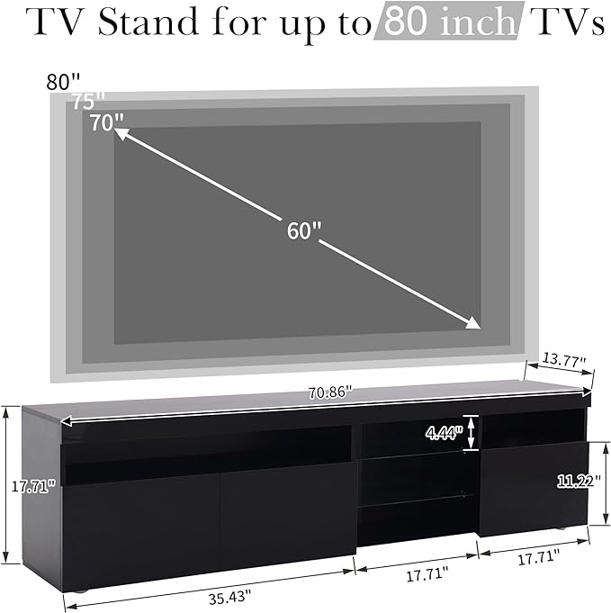 Merax LED TV Stand for 80" TVs with Multi-Functional Storage, Modern Television Cabinet Table Media Console with Drawer and Led Lights, High Glossy Entertainment Center for Living Room Bedroom, Black - LeafyLoom