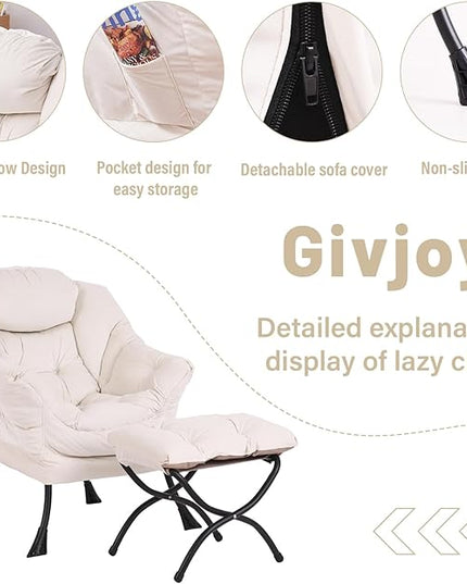 Lazy Chair and Ottoman, Large Accent Lounge Chair with Armrests and a Side Pocket, Modern Leisure Upholstered Sofa Reading Armchair with Footrest for Bedroom, Living Room, Dorm Rooms, Office - LeafyLoom