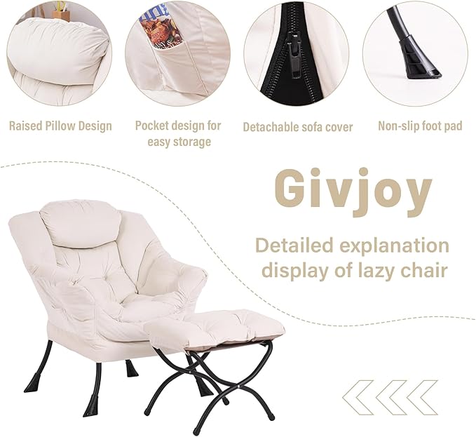 Lazy Chair and Ottoman, Large Accent Lounge Chair with Armrests and a Side Pocket, Modern Leisure Upholstered Sofa Reading Armchair with Footrest for Bedroom, Living Room, Dorm Rooms, Office - LeafyLoom
