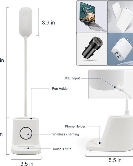 LED Desk Lamp with Wireless Charger and Organizer,Home Office Touch Reading Lamp with Pen Holder/Storage,Stepless Dimming 3 Color Modes,360°Flexible Gooseneck Eye Caring Desk Light-Study/College Dorm - LeafyLoom