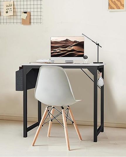 SMUG Computer Desk 32 Inch Home Office Writing Wood Storage Bag & Headphone Hook Small Spaces Simple Bedroom Work Study Kids Table, White - LeafyLoom