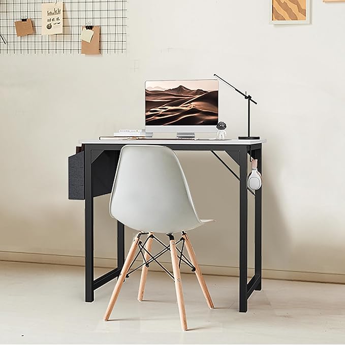 SMUG Computer Desk 32 Inch Home Office Writing Wood Storage Bag & Headphone Hook Small Spaces Simple Bedroom Work Study Kids Table, White - LeafyLoom