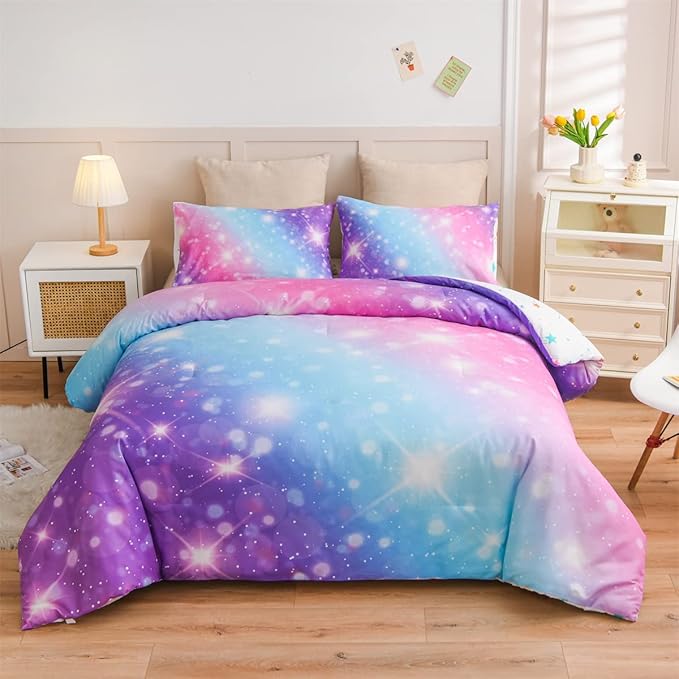 Holawakaka Kids Space Star Glitter Comforter Set Ombre Pink & Blue Print Gradient Bedding Set Twin Size (Pink Lavender, Twin) - LeafyLoom