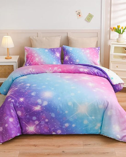 Holawakaka Girls Space Star Rainbow Glitter Comforter Set Ombre Galaxy Print Gradient Reversible Bedding Set Full Size Kids Bed Sets (Pink Lavender, Full) - LeafyLoom