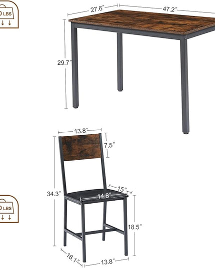 Dining Table Set for 4, Industrial Metal Wood 47.2" Kitchen Dining Table with 4 Upholstered PU Leather Chairs, Indoor Modern Furniture Set for Dining Room, Dinette, Breakfast Nook, Rustic Brown - LeafyLoom