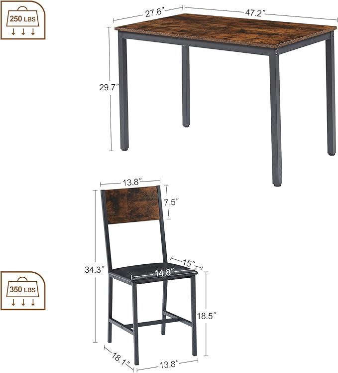 Dining Table Set for 4, Industrial Metal Wood 47.2" Kitchen Dining Table with 4 Upholstered PU Leather Chairs, Indoor Modern Furniture Set for Dining Room, Dinette, Breakfast Nook, Rustic Brown - LeafyLoom