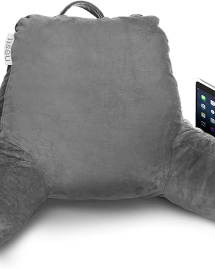 Nestl Reading Pillow with Portable Laptop Lap Desk, Velvet Feel Back Pillow for Sitting in Bed, Shredded Memory Foam Back Support Pillow for Bed, Bed Rest Pillow with Arms, Small - Gray - LeafyLoom
