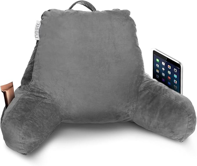 Nestl Reading Pillow with Portable Laptop Lap Desk, Velvet Feel Back Pillow for Sitting in Bed, Shredded Memory Foam Back Support Pillow for Bed, Bed Rest Pillow with Arms, Small - Gray - LeafyLoom