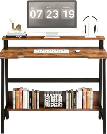 Small Computer Desk for Small Spaces - 33.5" Inch Modern Writing Table with Monitor Storage Shelf for Home Office and Study, Compact Laptop Desk in Simple and Sleek Style - LeafyLoom