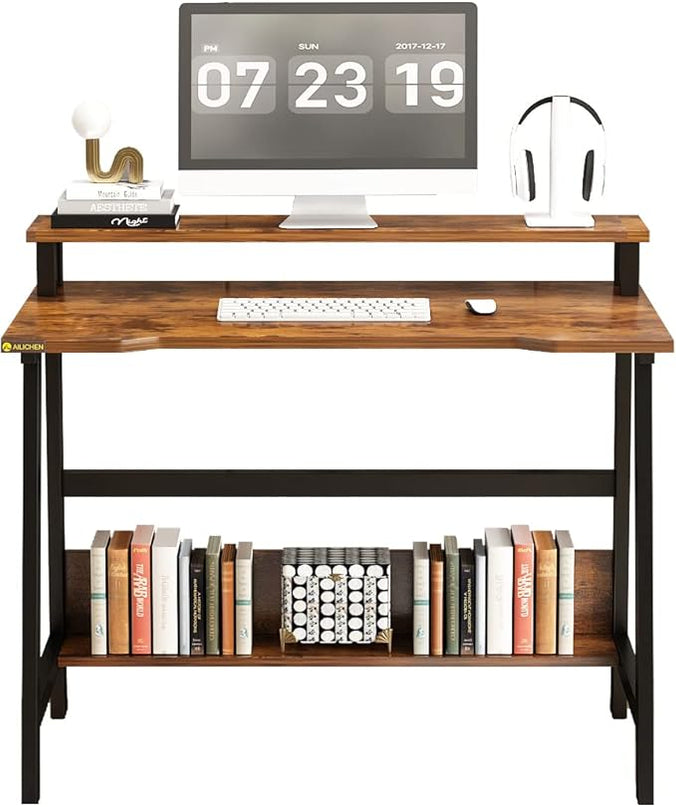 Small Computer Desk for Small Spaces - 33.5" Inch Modern Writing Table with Monitor Storage Shelf for Home Office and Study, Compact Laptop Desk in Simple and Sleek Style - LeafyLoom